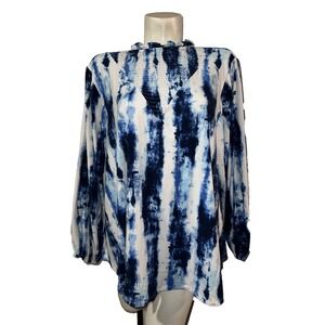 New LulaRoe Women's Top Size L Blue Tie-dye LS Clara Smock Ruffle Neck Shirt